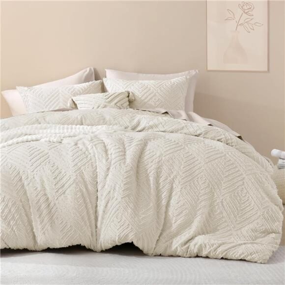 King Size Comforter Set Beige, 3 Pieces Cream Tufted Boho Farmhouse Bedding - Picture 2 of 8